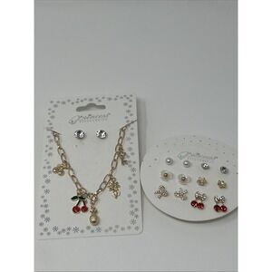 8 NWT Cherry Themed Necklace & Earrings Princess Accessories Gold Tone Jewelry 1